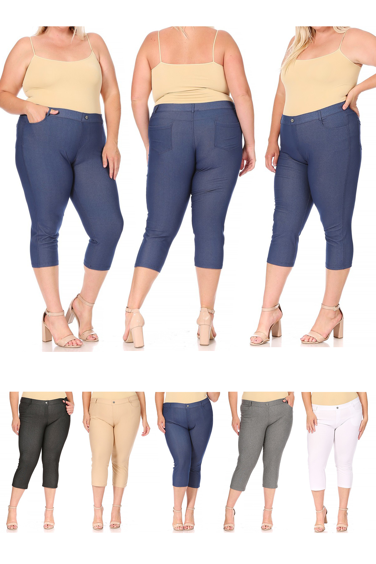 Moa Collection Women's Plus Size Casual Comfy Slim Pocket Jeans Capri Pants