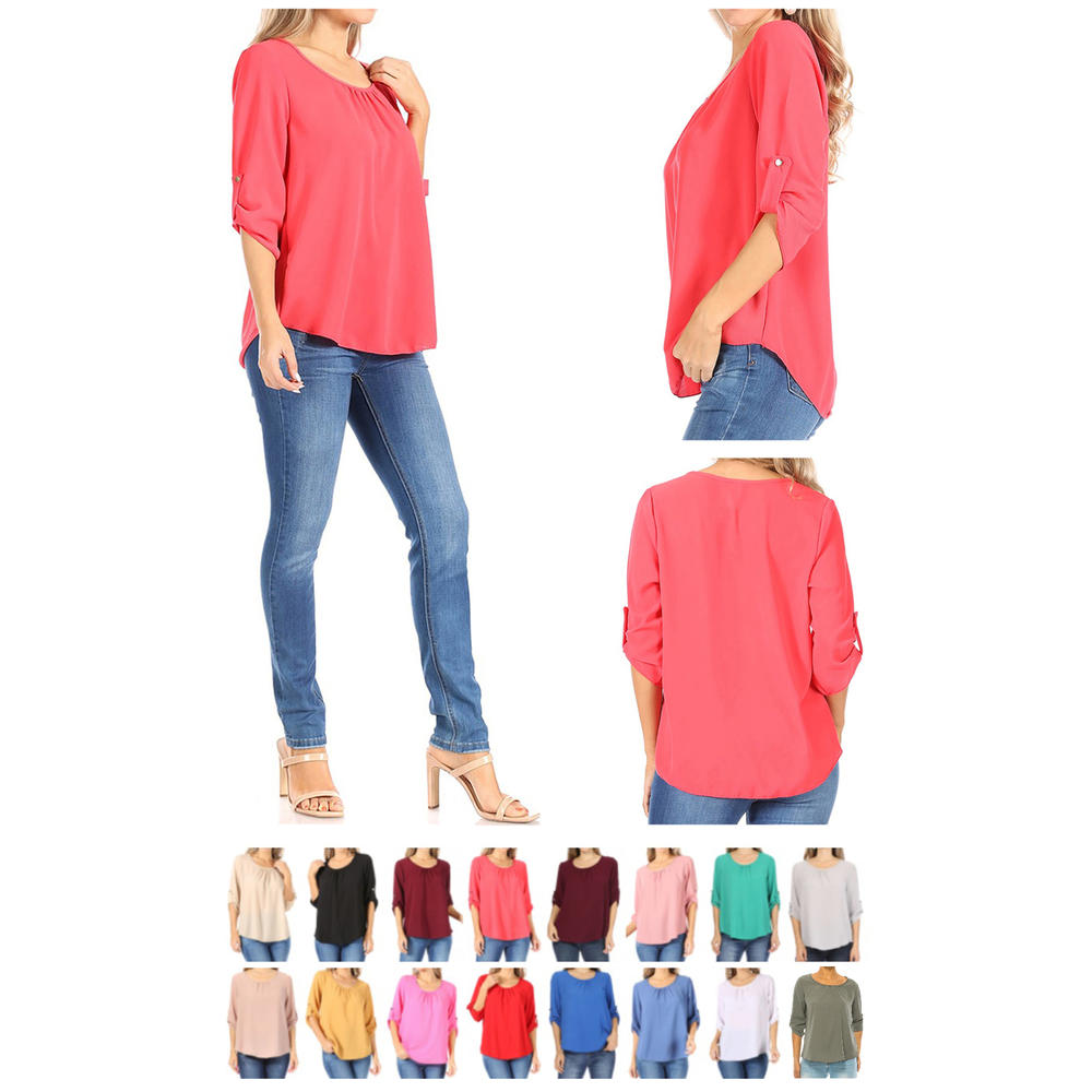Moa Collection Women's Casual Solid Round Neck Loose Fit Roll Tab 3/4 Sleeve Shirt Blouse Tops