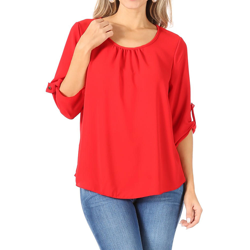 Moa Collection Women's Casual Solid Round Neck Loose Fit Roll Tab 3/4 Sleeve Shirt Blouse Tops