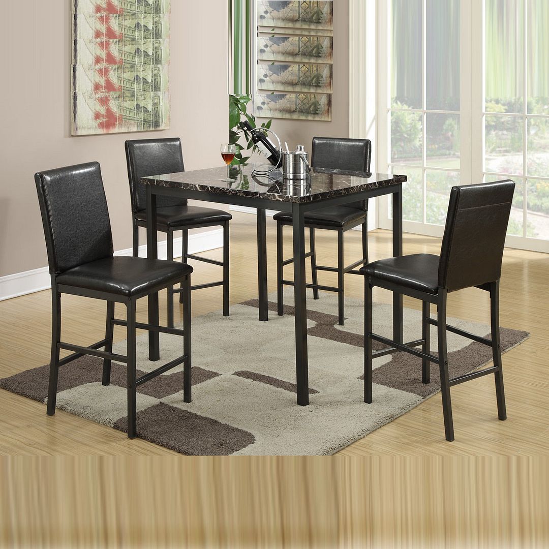 Poundex 5 PCs Black Faux Marble Top Square Counter Height Dining Table Leather Upholstered High Poundex 5 PCs Black Faux Marble Top Square Counter Height Dining Table Leather Upholstered High
