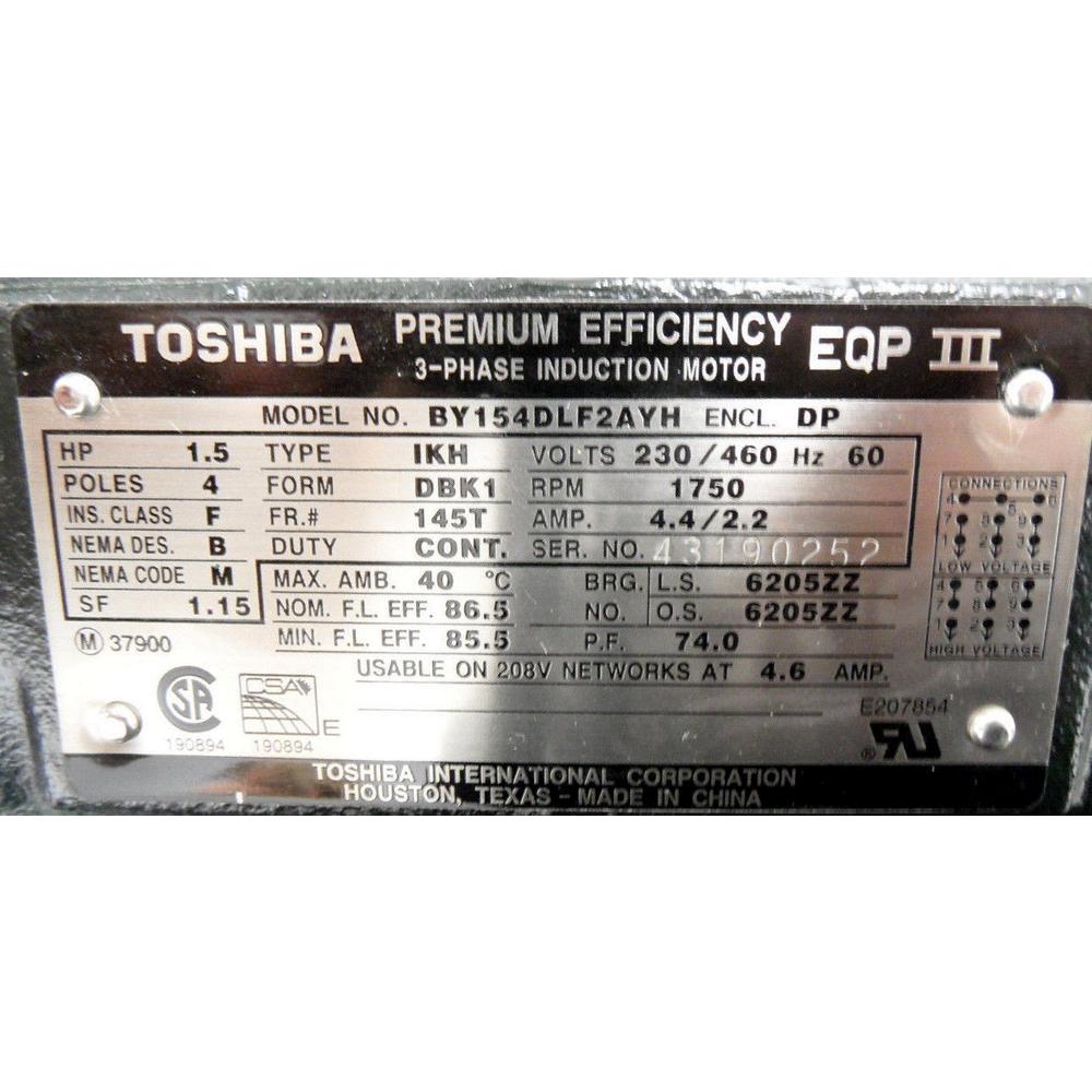 Toshiba BY154DLF2AYH Electric Motor 1.5HP 230/460v 60Hz 1-1/2 Hp 4-Pole 3Ph 145T