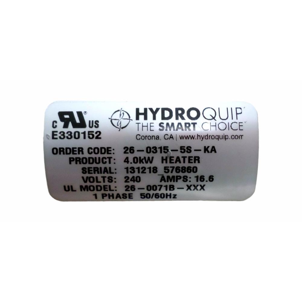 HydroQuip 26-0315-5S-KA Flo Thru Heater 4.0KW 240V 2" x 15", Hercules AP-1400