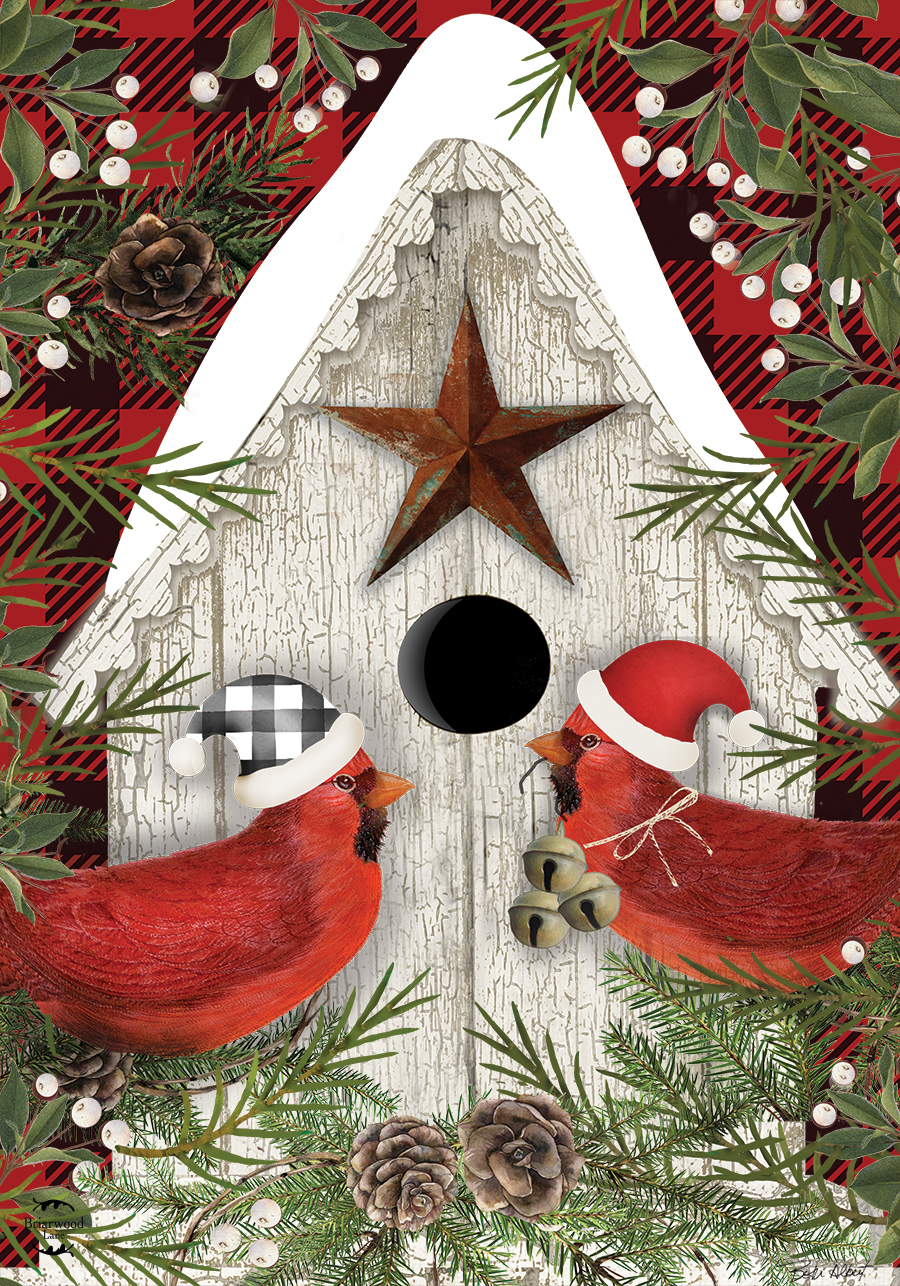 Briarwood Lane Winter Cardinals Birdhouse Christmas House Flag Rustic Checkered Santa Hat 28" x 40"