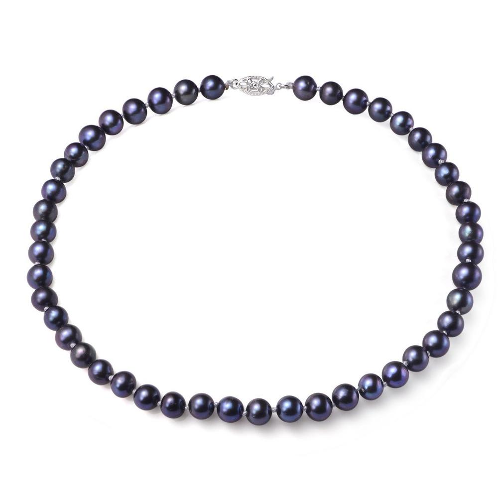Avalon Pearls Pearl Necklace, Black 7-8 mm Cultured Freshwater Pearls AA With 14k White Gold Filled Fish Hook