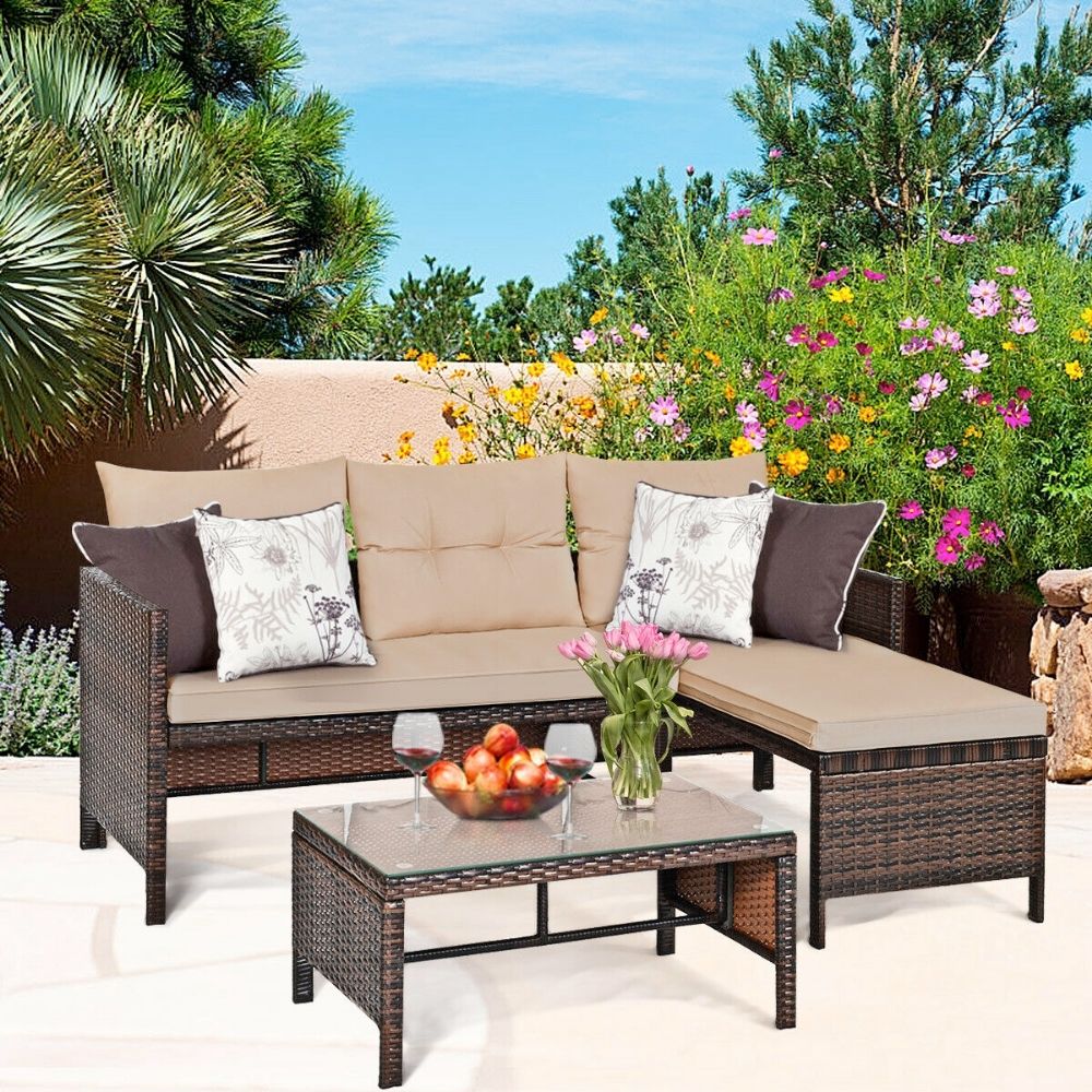 Onetify Outdoor Wicker 3 Seater Sofa Set with Leg Rest and Coffee Table