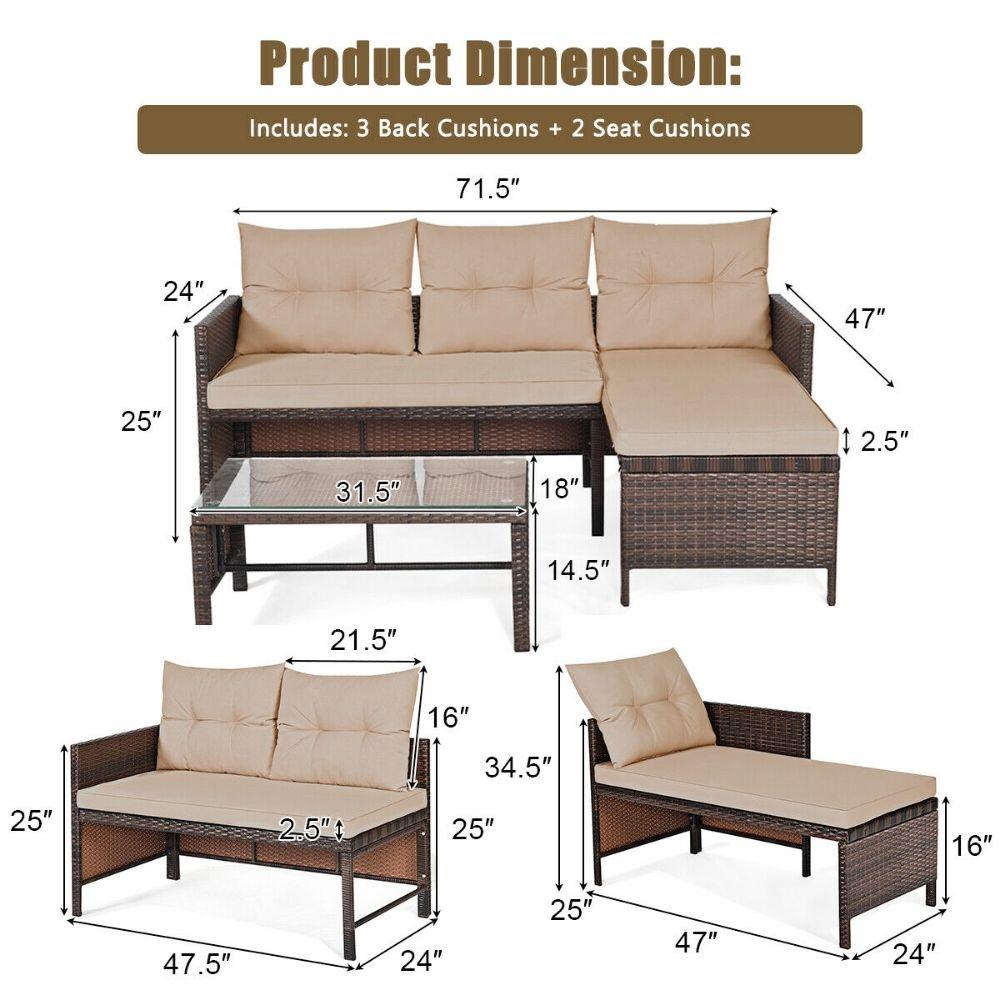 Onetify Outdoor Wicker 3 Seater Sofa Set with Leg Rest and Coffee Table