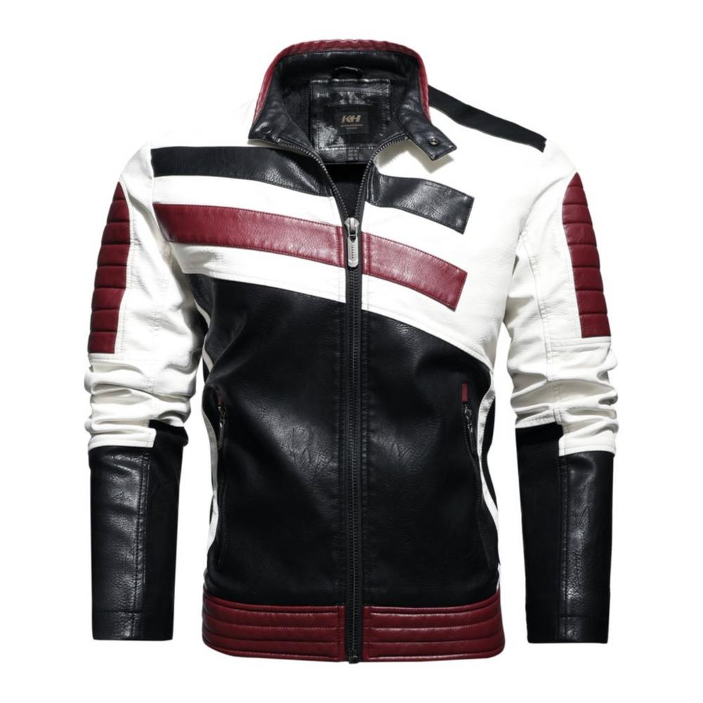 Onetify Mens Striped Biker Vegan Leather Jacket