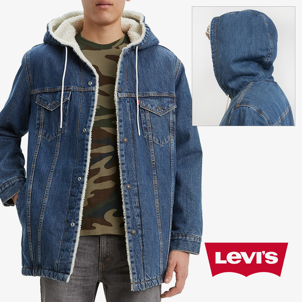 Levi's Levis Mens Denim Jean Jacket Sherpa Lined Drawstring Hooded Tall Long Fit 72795