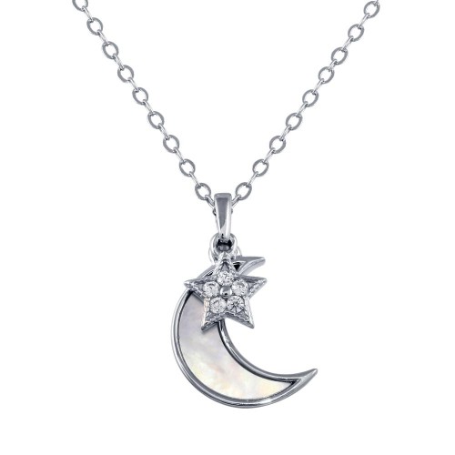 DBFL .925 Sterling Silver CZ Synthetic Mother of Pearl Star & Crescent Moon Necklace