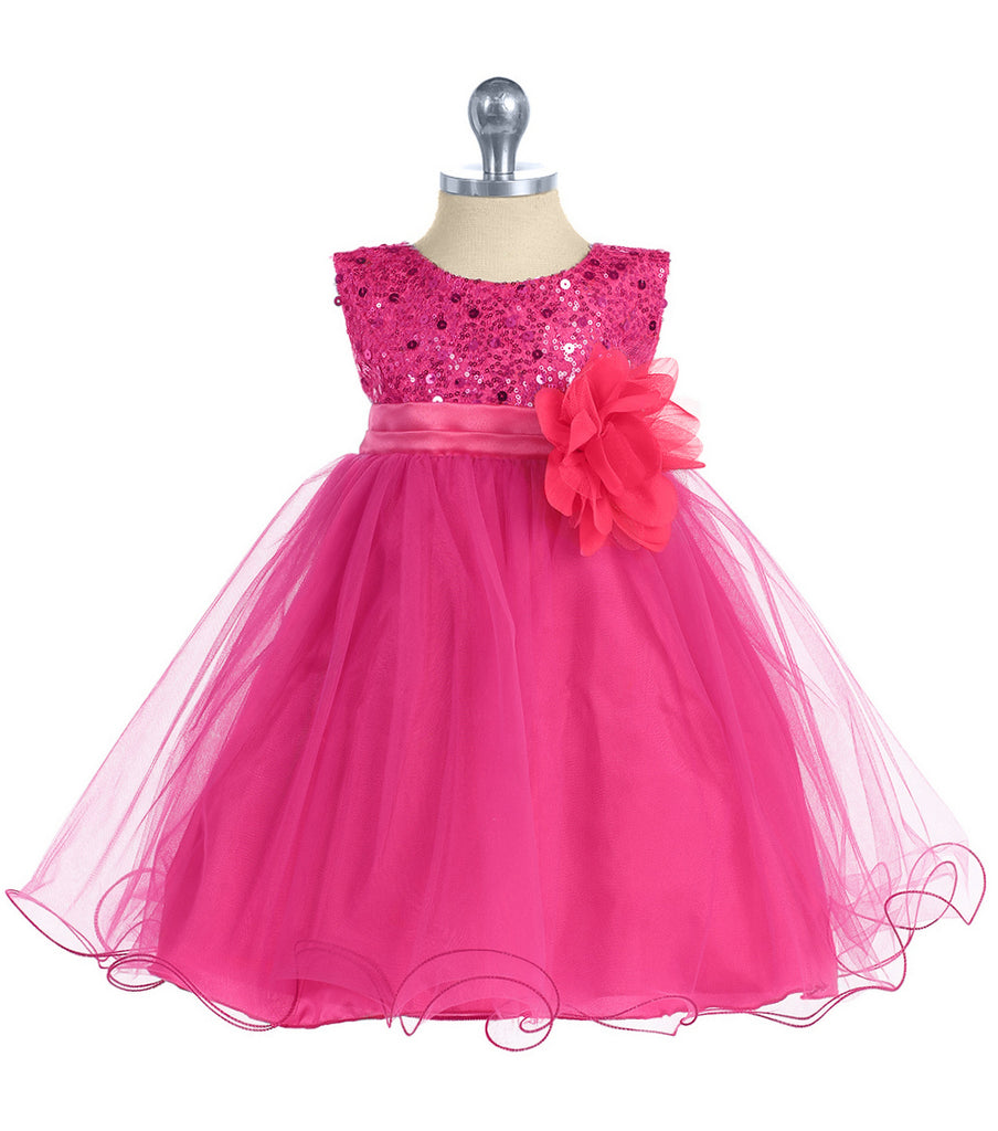 Kid's Dream Girls Fuchsia Pink Sequined Dress with Tulle Lettuce Hem Skirt 3M-4T