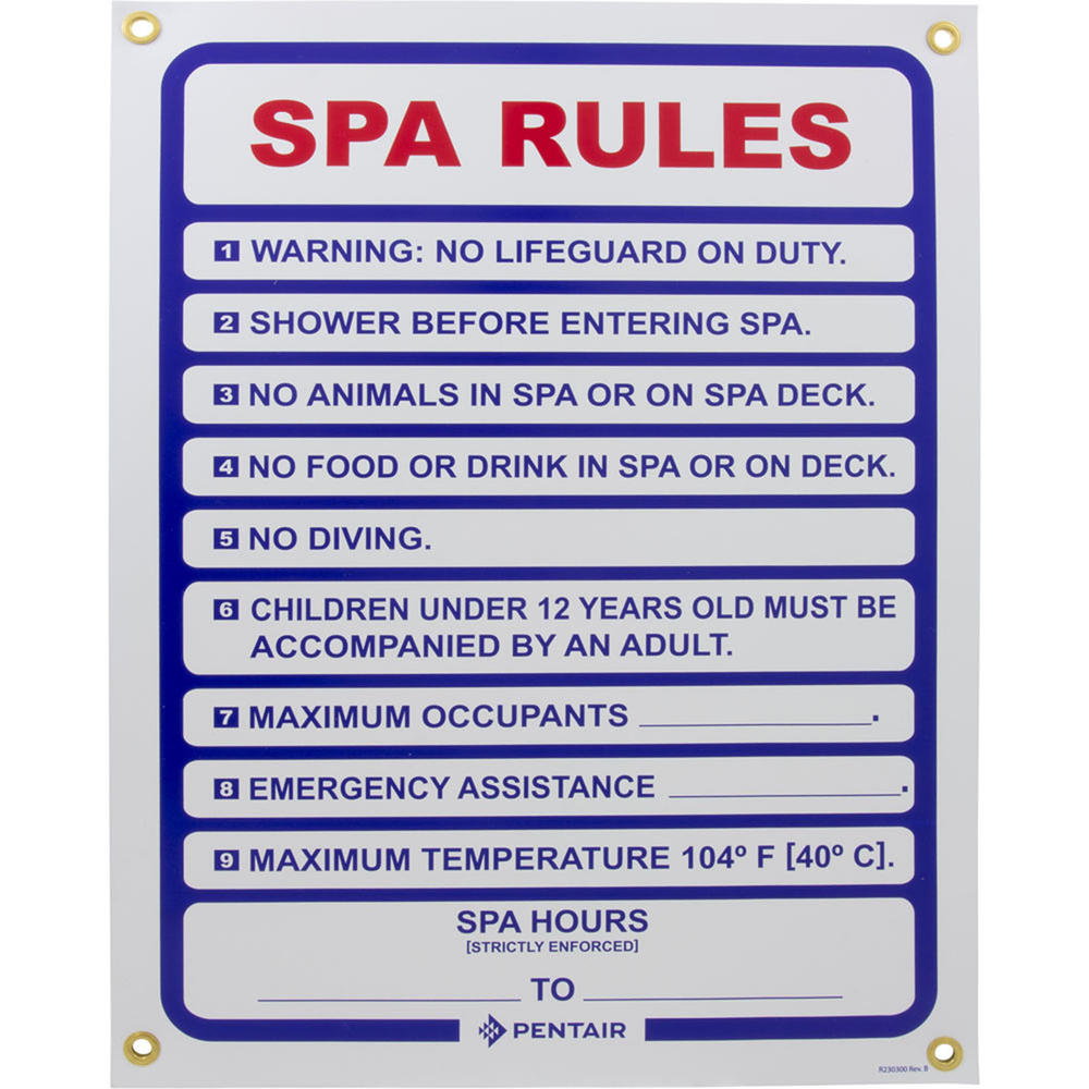 PENTAIR POOL PRODUCTS Sign, Spa Rules, 18" x 24"