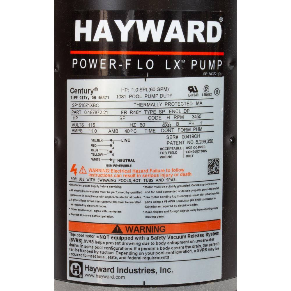 Hayward Pump, Hayward PowerFlo LX, 1.0hp, 115v, 1-Spd, 1-1/2", Nema
