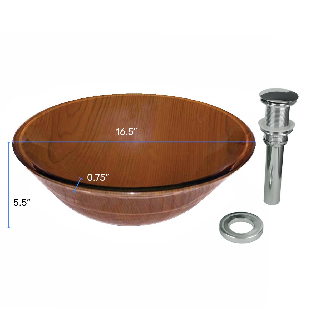 Renovators Supply Tempered Glass Vessel Sink with Drain, Wood Grain Hat Shaped Bowl Sink