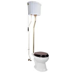 Renovators Supply High Tank Pull Chain Toilet White High Tank, Elongated Bowl and Brass Pipes