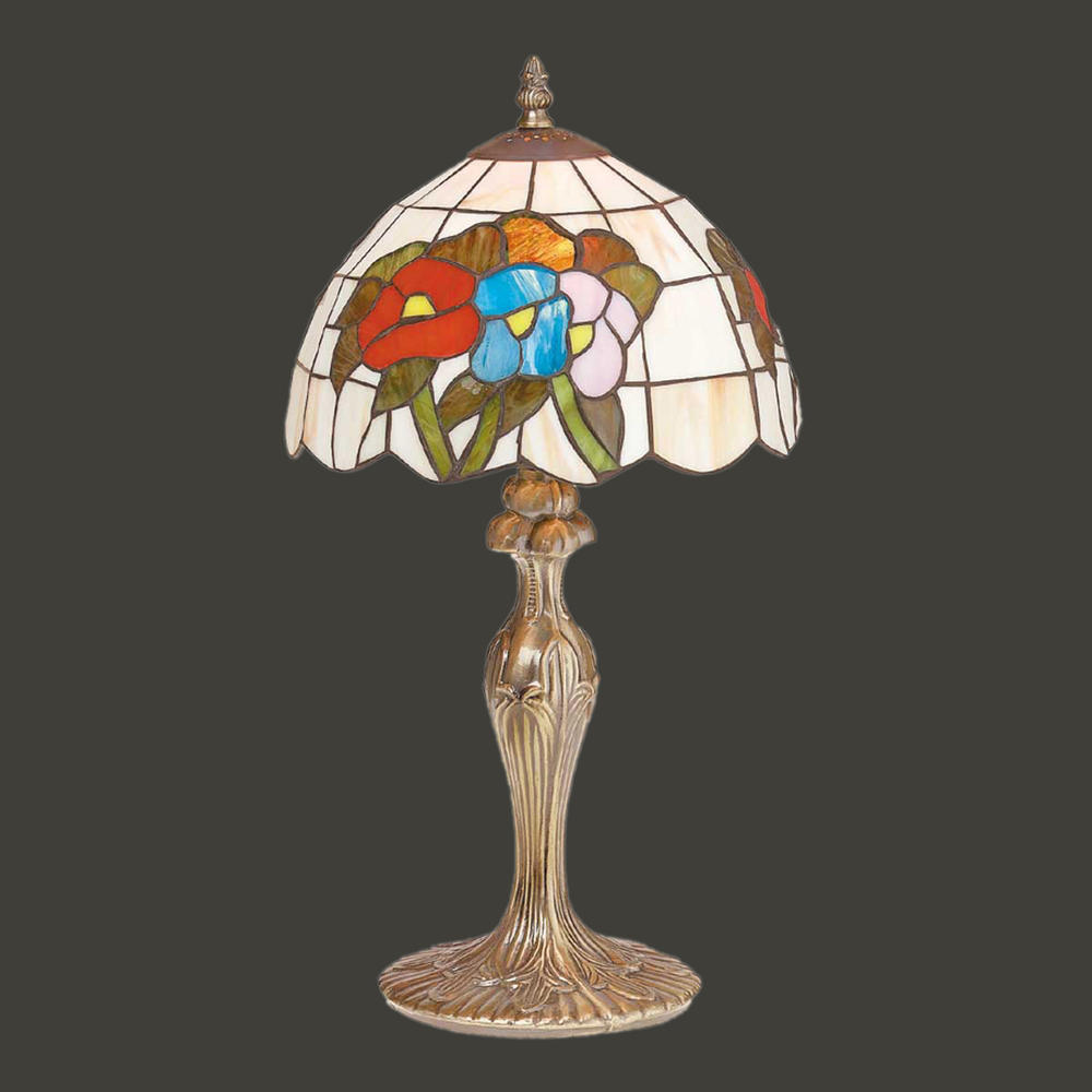 Renovators Supply Floral Table Desk Lamp Antique Brass Base Lamp With Stained Glass 19" H