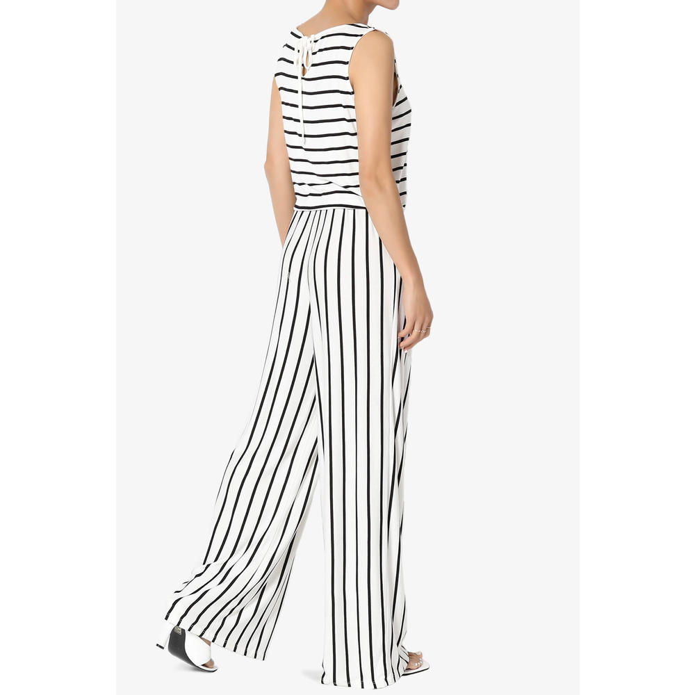 TheMogan Women's S~3X Summer Stripe Sleeveless Elastic Waist Lounge Wide Leg Jumpsuit