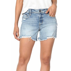Riley Mid Rise Thigh Denim Shorts Medium Women's Mid Rise Raw Hem Mid Thigh Distressed Jeans Ripped Stretchy Denim Shorts