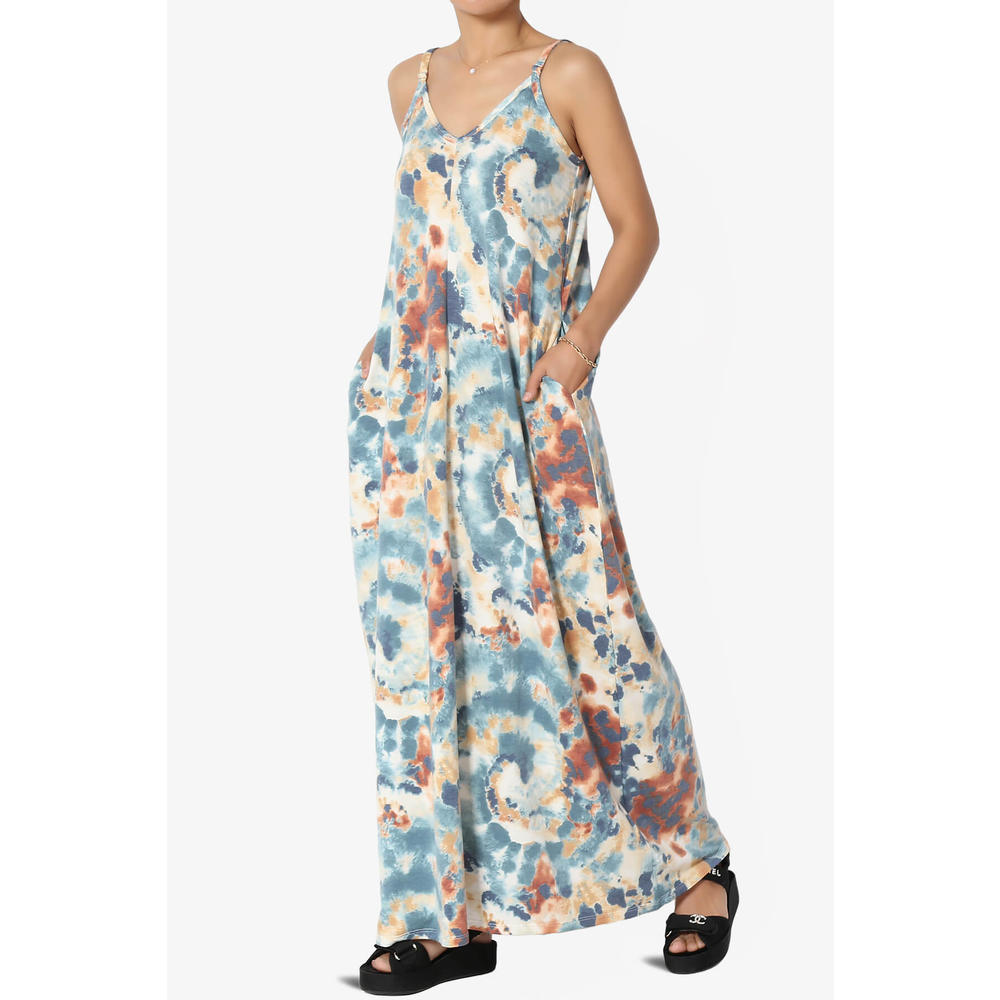 TheMogan Women's S~3X Tie Dye Soft French Terry V Neck Sun Cami Long Maxi Dress w Pocket