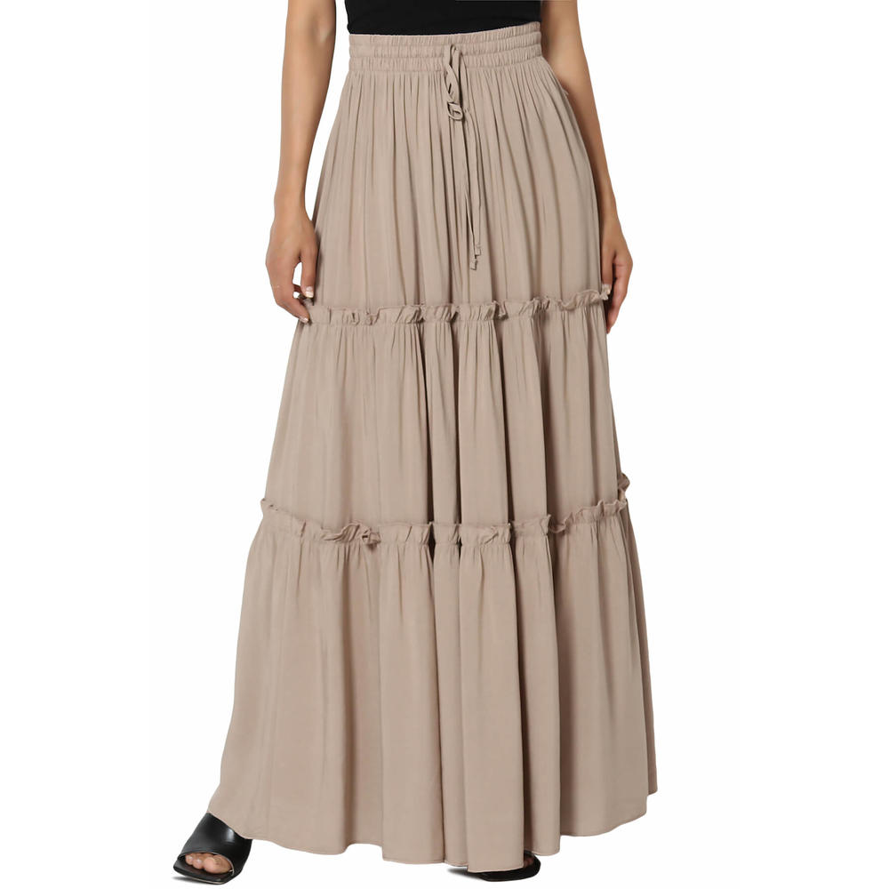 TheMogan Women's Ruffle Tiered Woven Drawstring Elastic High Rise A-Line Long Maxi Skirt