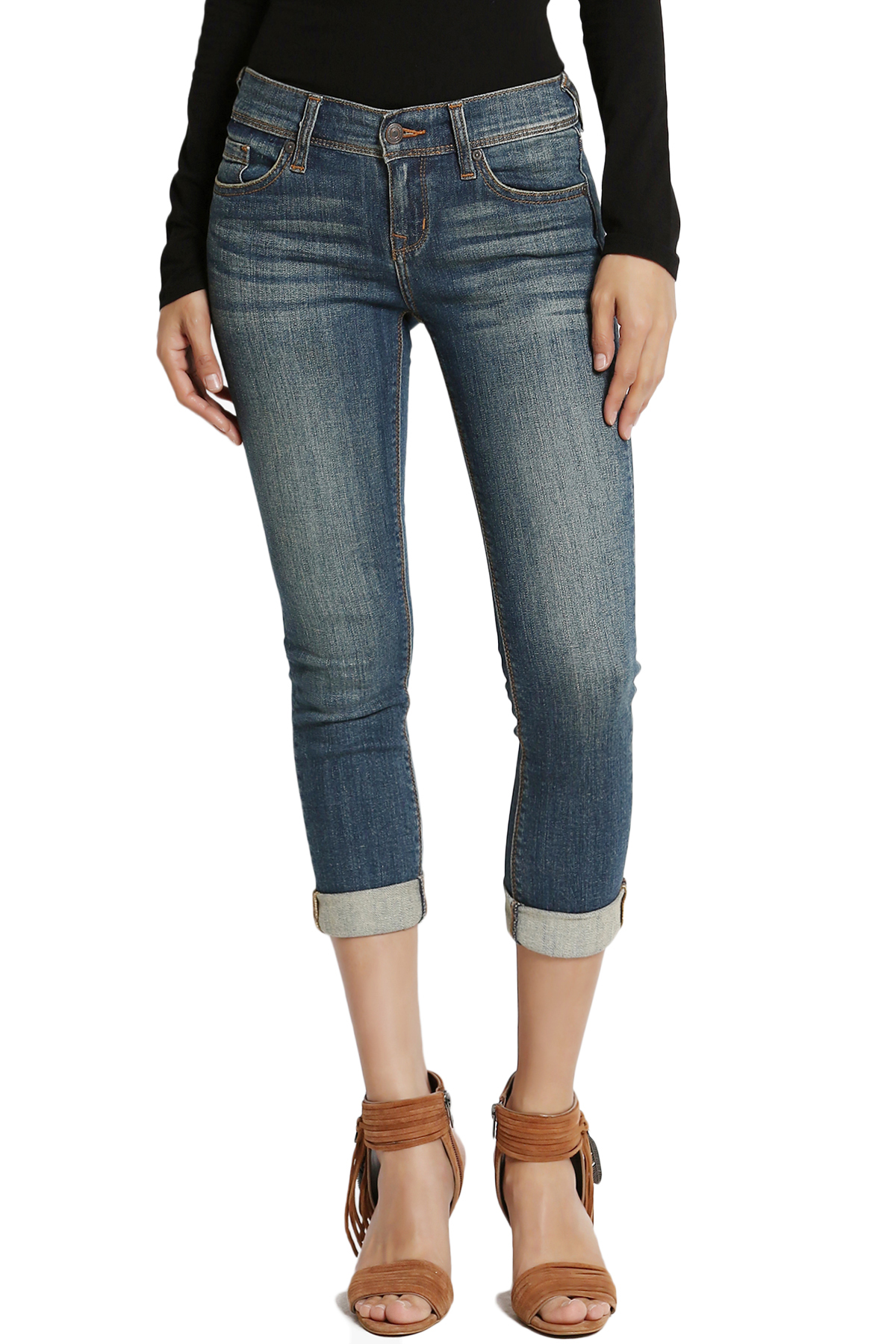 TheMogan Women's Petite Dark Blue Wash Stretchy Denim Low Rise Crop Skinny Jeans