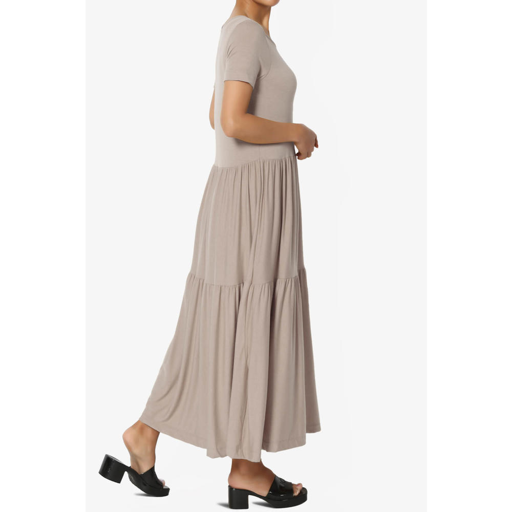 Macie Short Sleeve Tiered Jersey Long Midi Dress Women's Casual Short Sleeve Scoop Neck Tiered Jersey Relaxed Fit Long Midi Dress