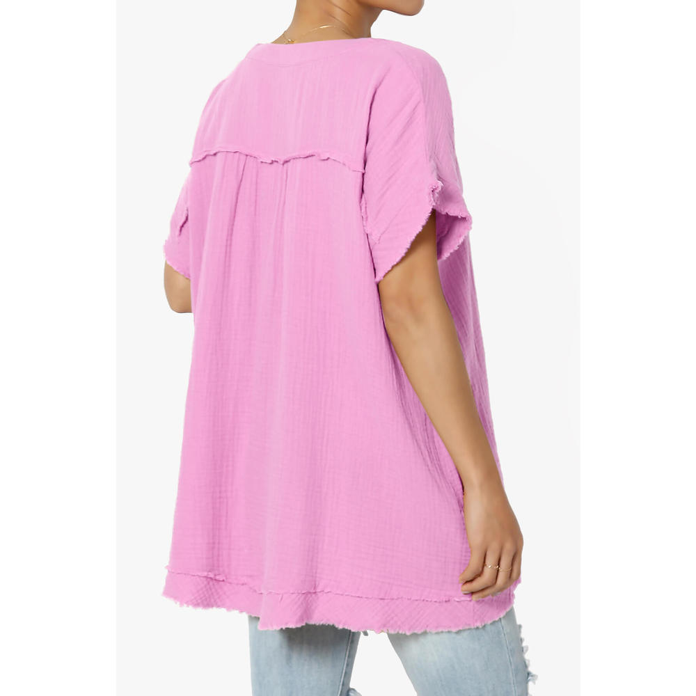 Milly Gauze V-Neck Babydoll Shirt Tunic Women's Casual Loose Short Sleeve V Neck Cotton Gauze Babydoll Shirt Blouse Top