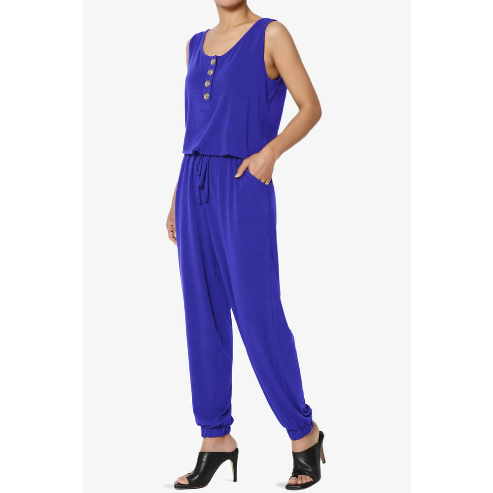 TheMogan Women's Casual Sleeveless Button Up Scoop Neck Tapered Leg Knit Jogger Jumpsuit