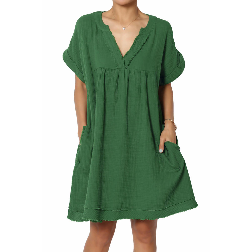 TheMogan Women's Casual Loose Short Sleeve V Neck Cotton Gauze Babydoll Shift Mini Dress