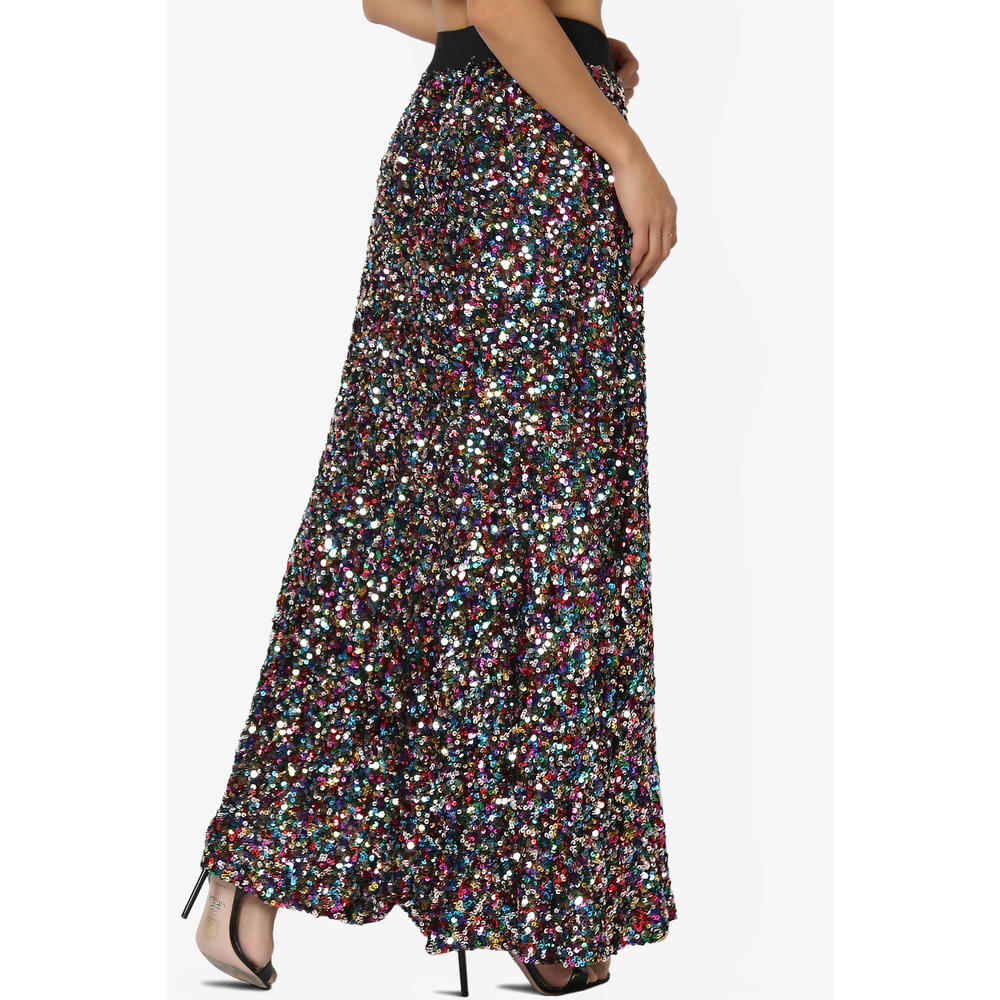 TheMogan Women's Sparkly Sequin Maxi Skirt Elastic High Waist A-Line Party Long Skirts