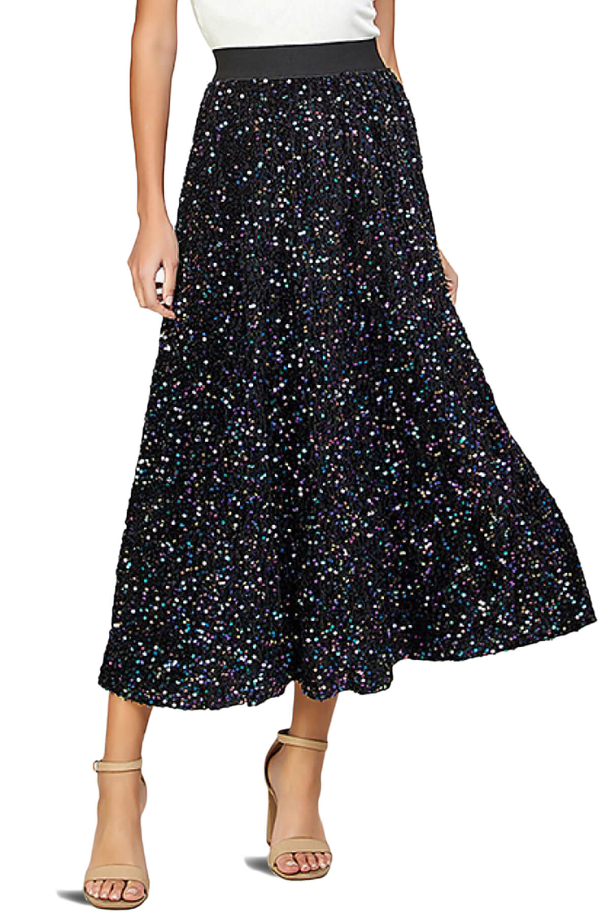 TheMogan Women's Sparkly Sequin Maxi Skirt Elastic High Waist A-Line Party Long Skirts