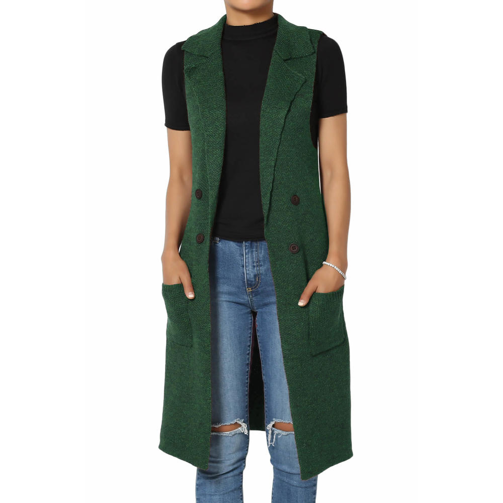 TheMogan Junior's Long Ribbed Knit Gilet Double Breasted Notched Lapel Sleeveless Vest