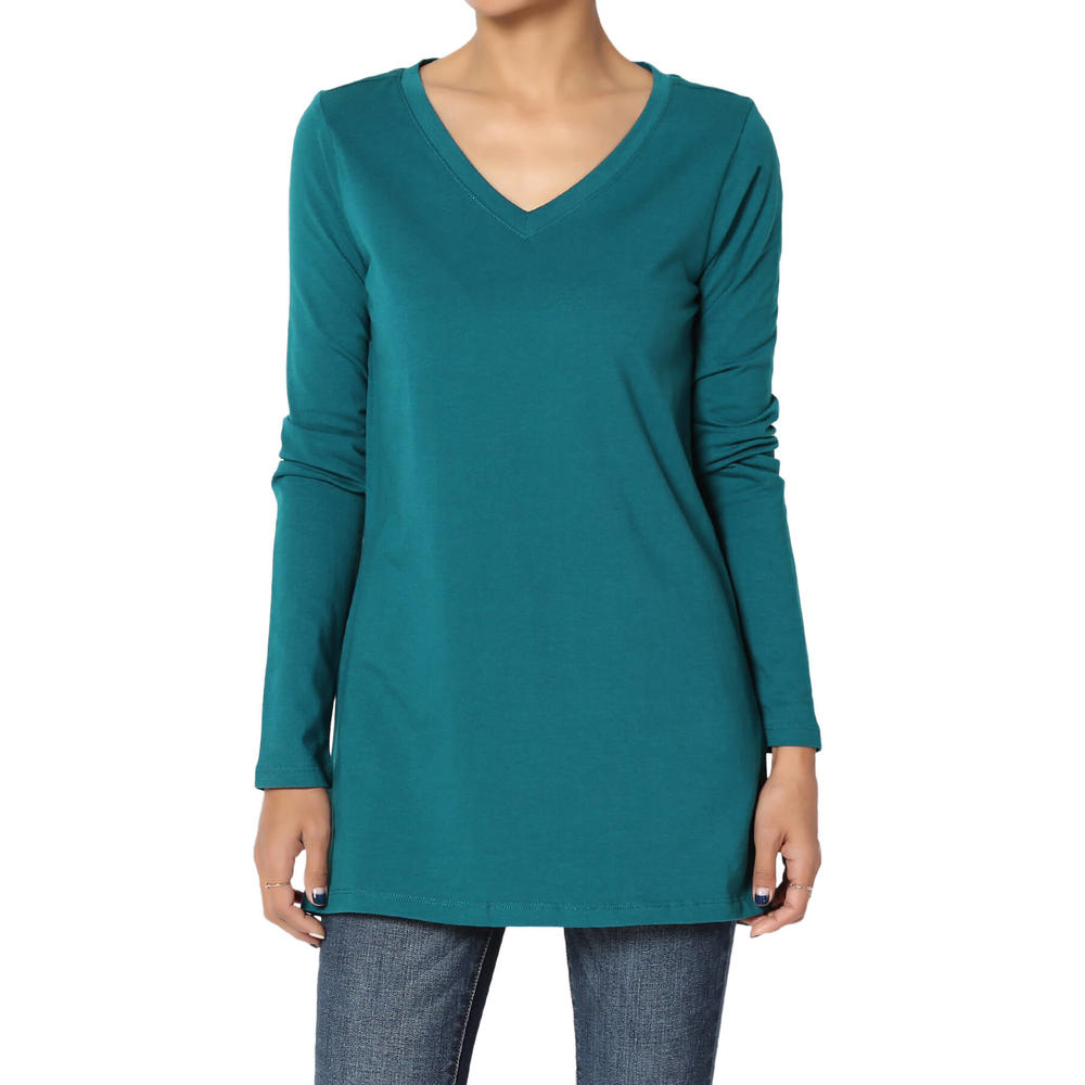 TheMogan Women's V-Neck Long Sleeve Top Basic Stretch Cotton Relaxed Slim Fit T-Shirt
