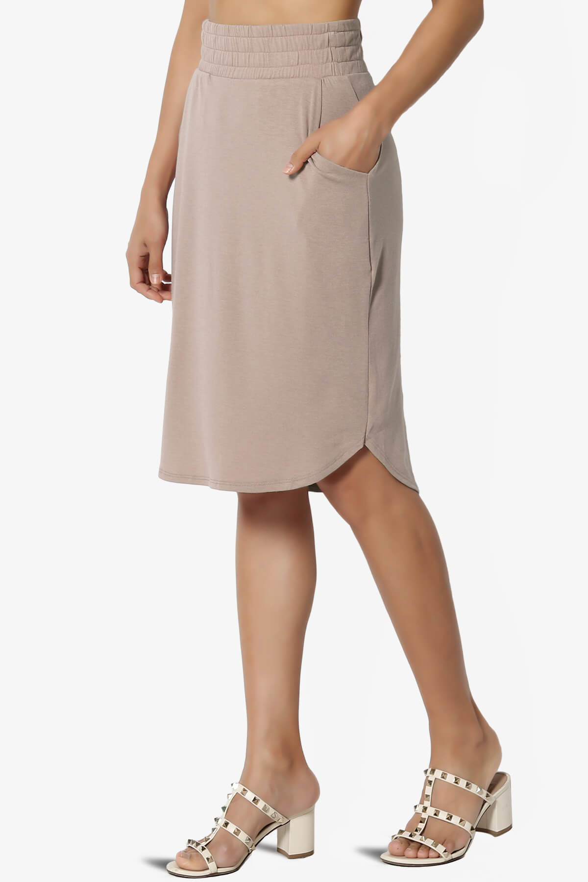 TheMogan Women's Elastic High Waist Soft Midi Skirt w Pocket Comfortable Casual Everyday Wear