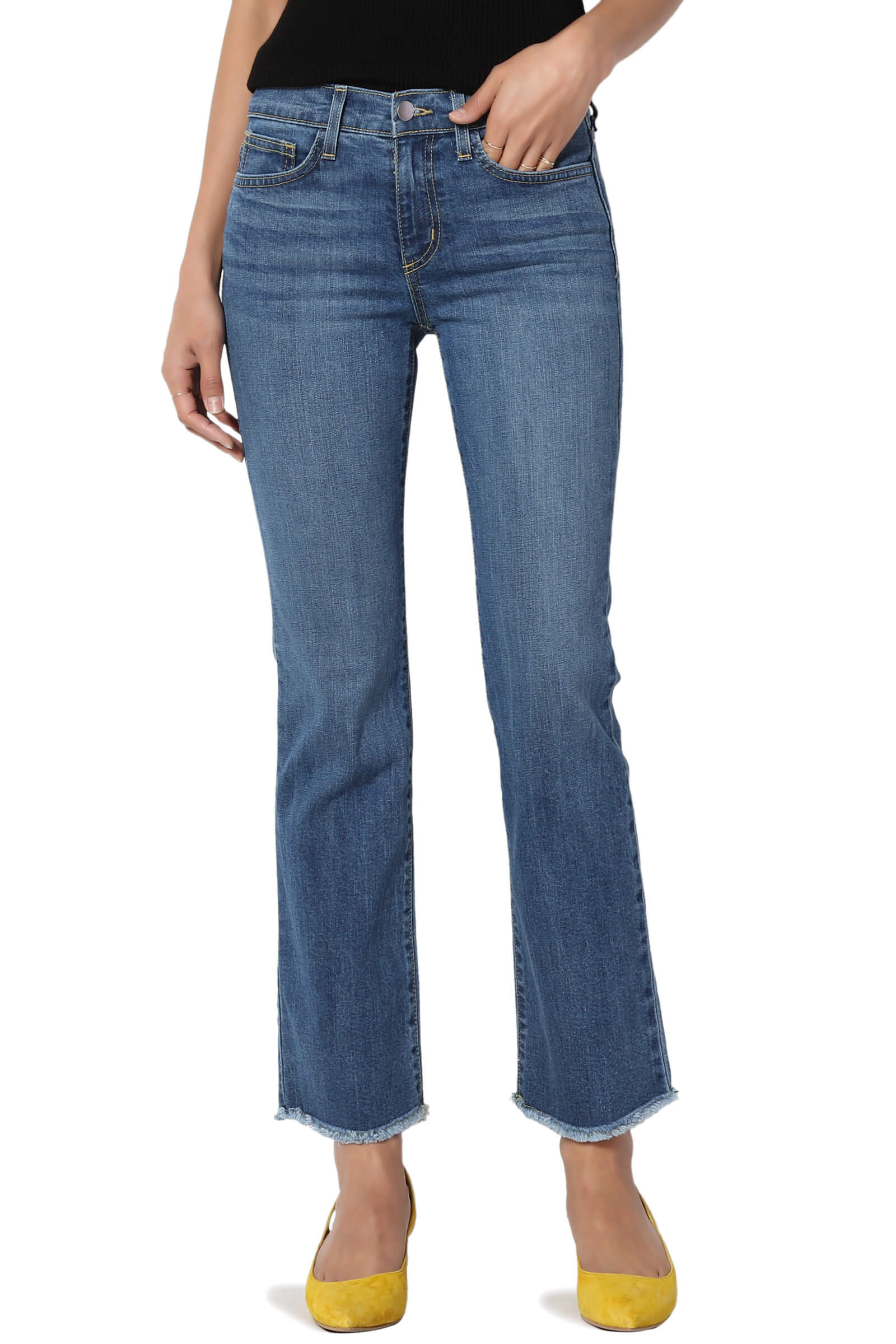 TheMogan Women's Mid Rise Crop Bootcut Jeans Slim Flare Frayed Hem Stretch Denim USA