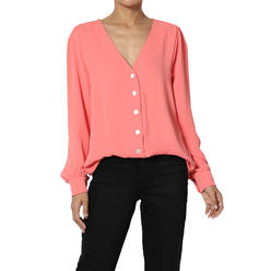TheMogan Women's Ruched Shoulder V-Neck Button Front Long Sleeve Blouse