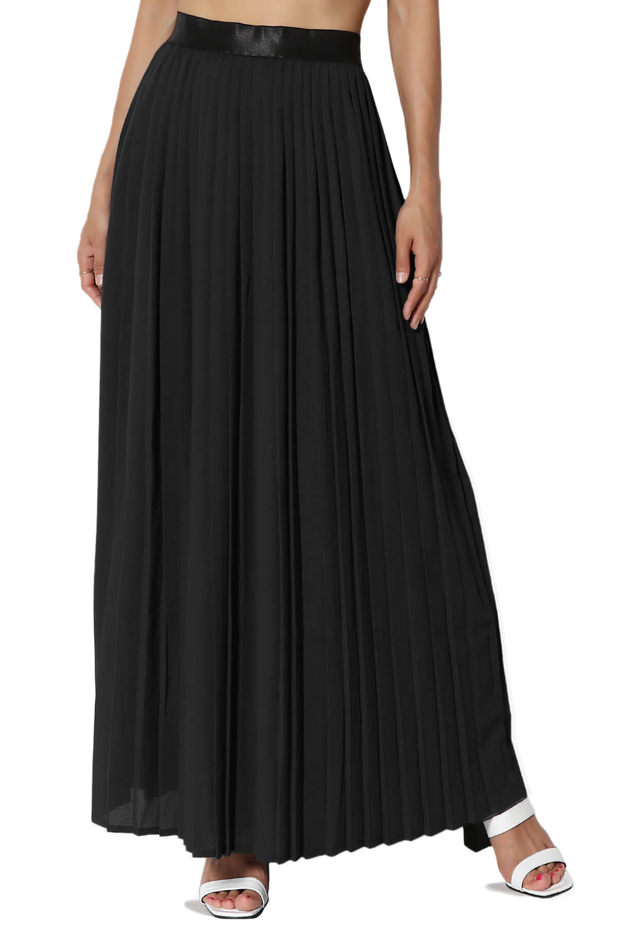 TheMogan Women's Elastic Waist Crepe Woven Pleated Long Maxi Skirt