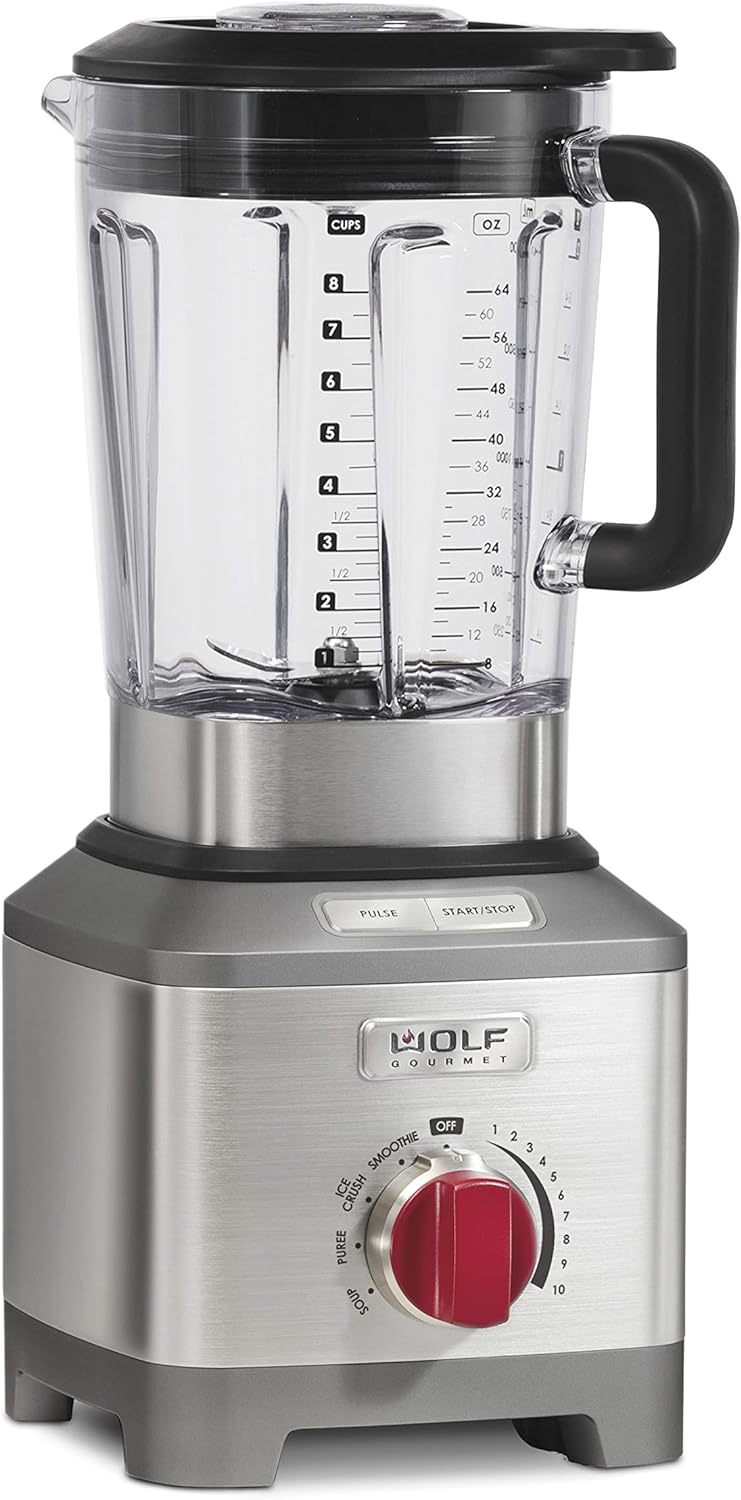 Wolf Gourmet Pro-Performance Blender, 64 oz Jar, 4 program settings, 12.5 AMPS, Blends Food, Shakes and Smoothies, Red Knob, Stainless Steel