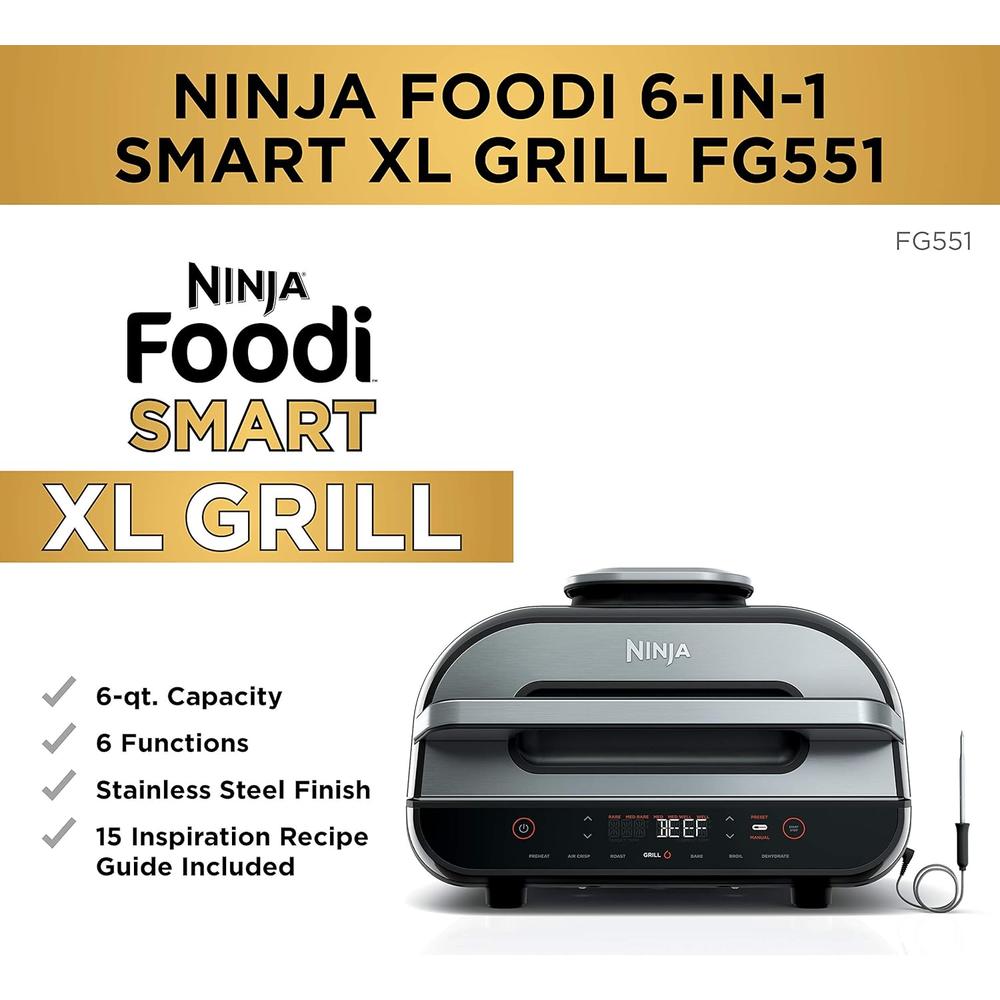 Ninja FG551 Foodi Smart XL 6-in-1 Indoor Grill with 4-Quart Air Fryer Roast Bake Dehydrate Broil and Leave-in Thermometer, with Extra