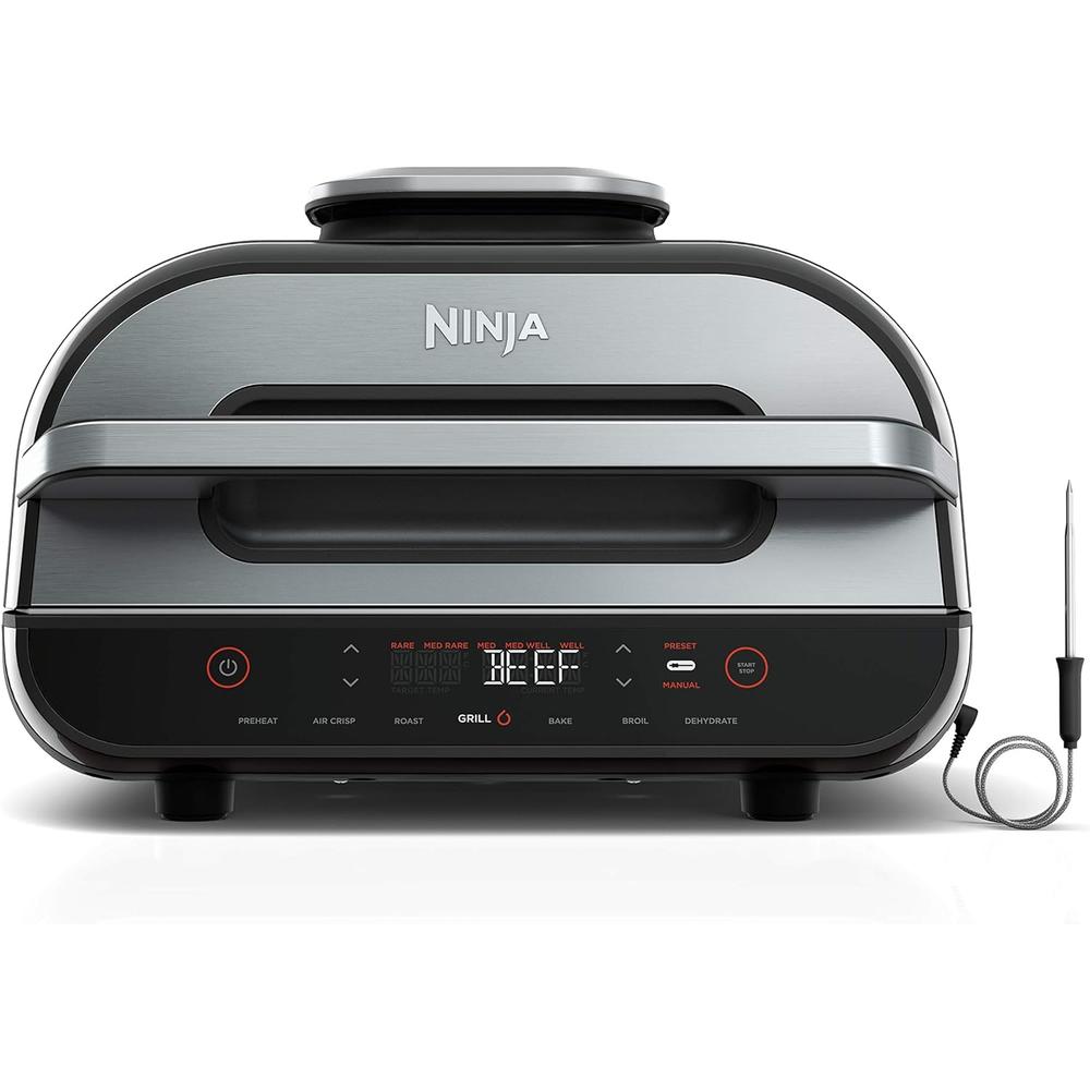 Ninja FG551 Foodi Smart XL 6-in-1 Indoor Grill with 4-Quart Air Fryer Roast Bake Dehydrate Broil and Leave-in Thermometer, with Extra