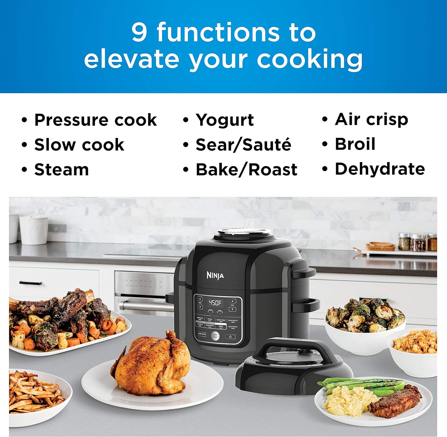 Ninja OP302 Foodi 9-in-1 Pressure, Broil, Dehydrate, Slow Cooker, Air Fryer, and More, with 6.5 Quart Capacity and 45 Recipe Book, an