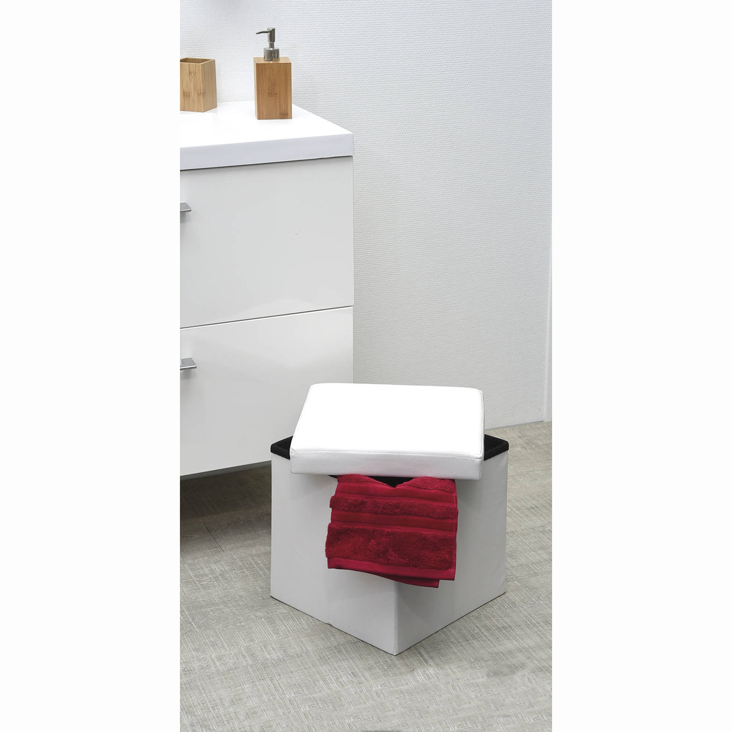 EVIDECO 2 in 1 Foldable Pouf and Storage Box - LEATHER look Cube Faux Leather Folding Storage Ottoman White