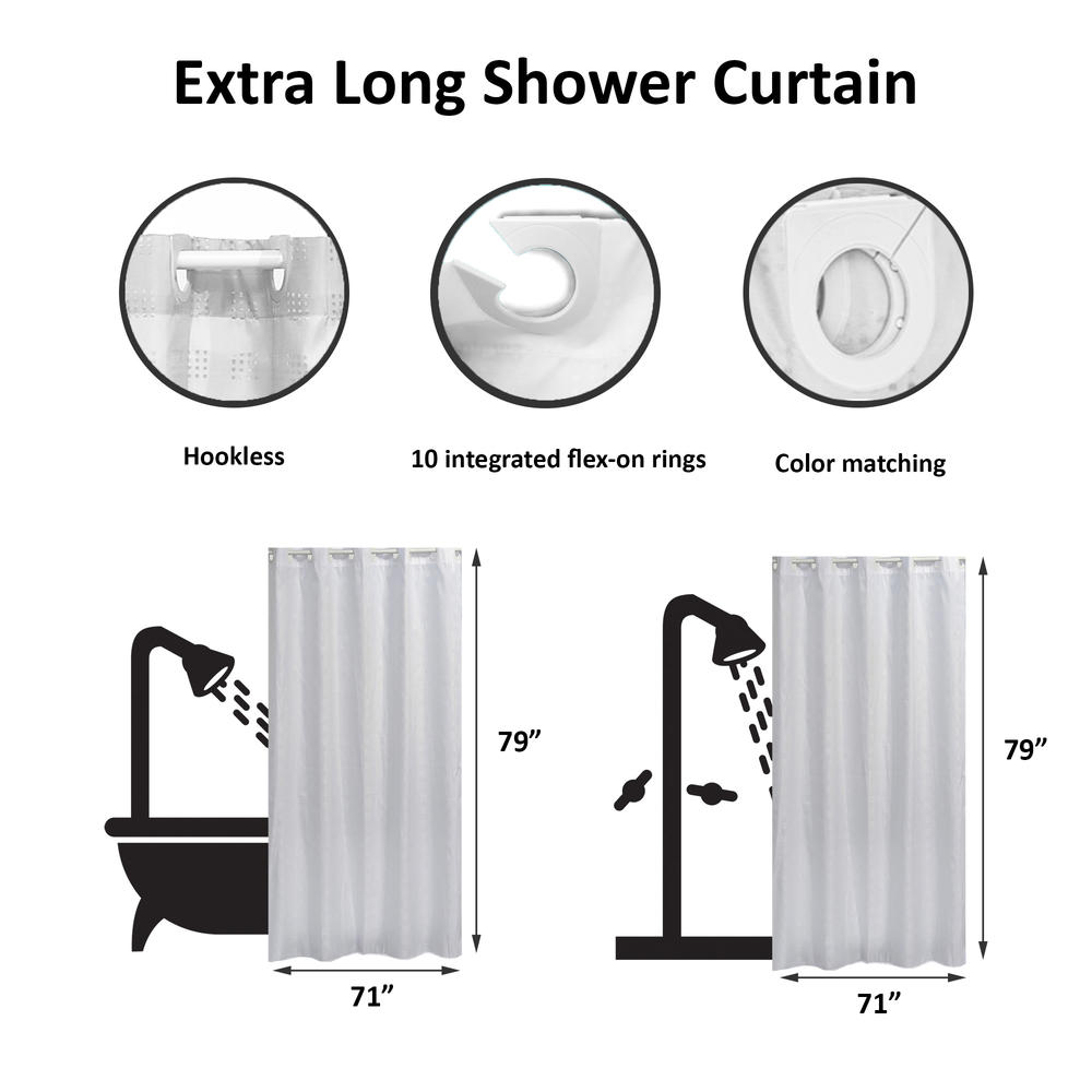 EVIDECO White Extra Long Shower Curtain Polyester Hook Less Cubic 79"L x 71"W