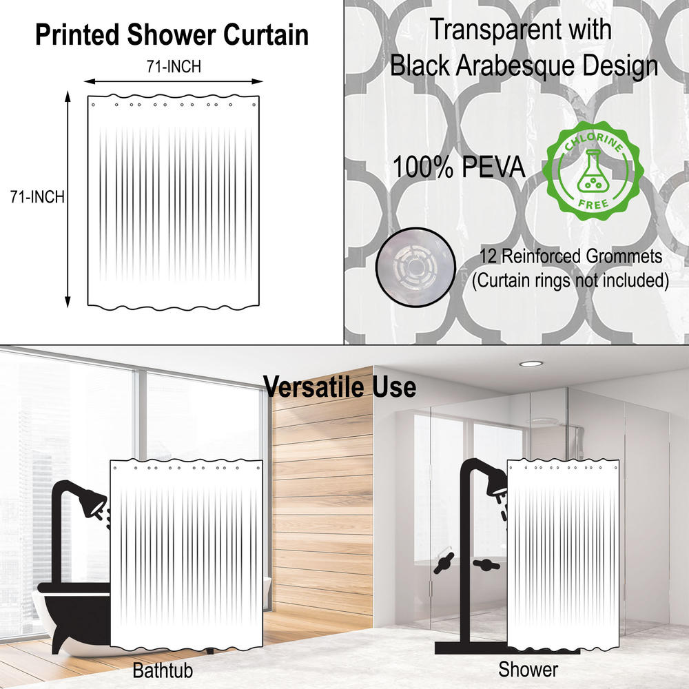 EVIDECO Transparent PEVA Shower Curtain - Black Arabesque Design - 71x71 Inches