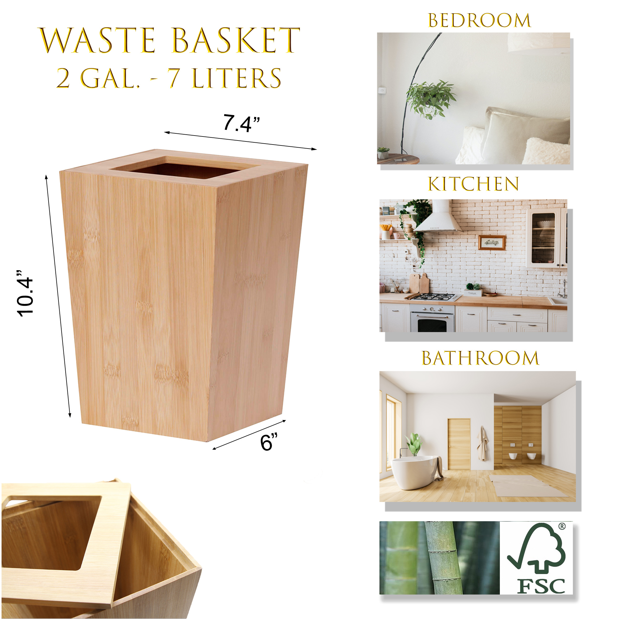 EVIDECO Ecobio Bamboo Bath Square Trash Can - 2 Gal / 7.5L Capacity, Sustainable & Stylish
