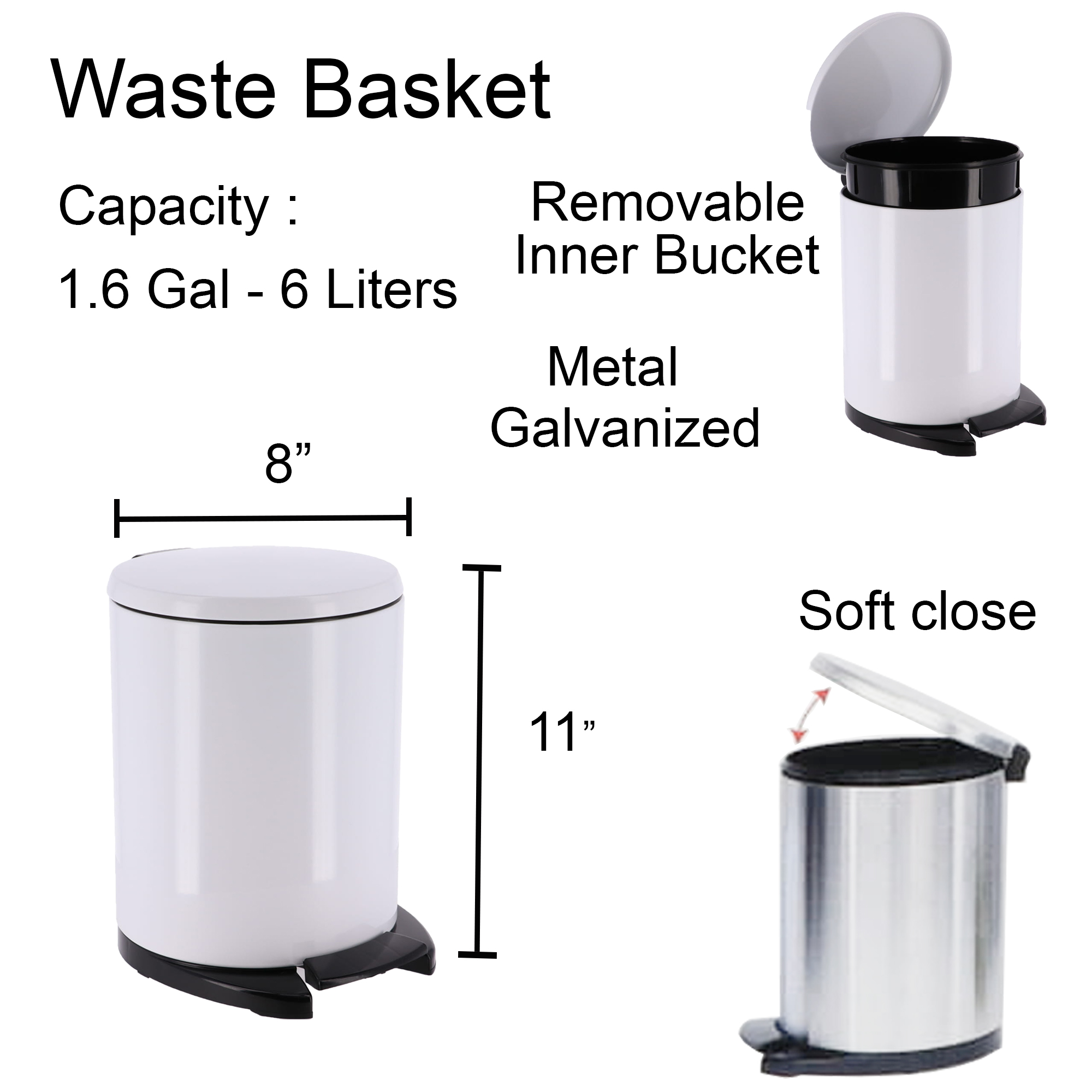 EVIDECO Soft Close Lid White Round Metal Step Trash Can Waste Bin 6-liters-1.6-gal.