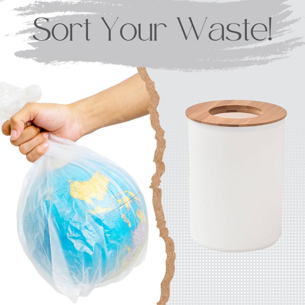 EVIDECO White Bathroom Trash Can Padang Bamboo Top 1.3 Gal - Stylish and Sustainable 5L Waste Solution