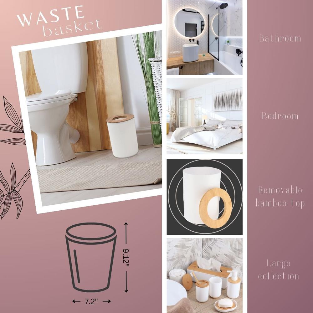 EVIDECO White Bathroom Trash Can Padang Bamboo Top 1.3 Gal - Stylish and Sustainable 5L Waste Solution