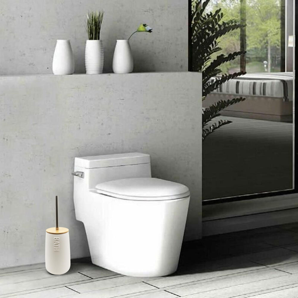 EVIDECO Bath D Dolomite Round Toilet Bowl Brush and Holder White-Bamboo Top