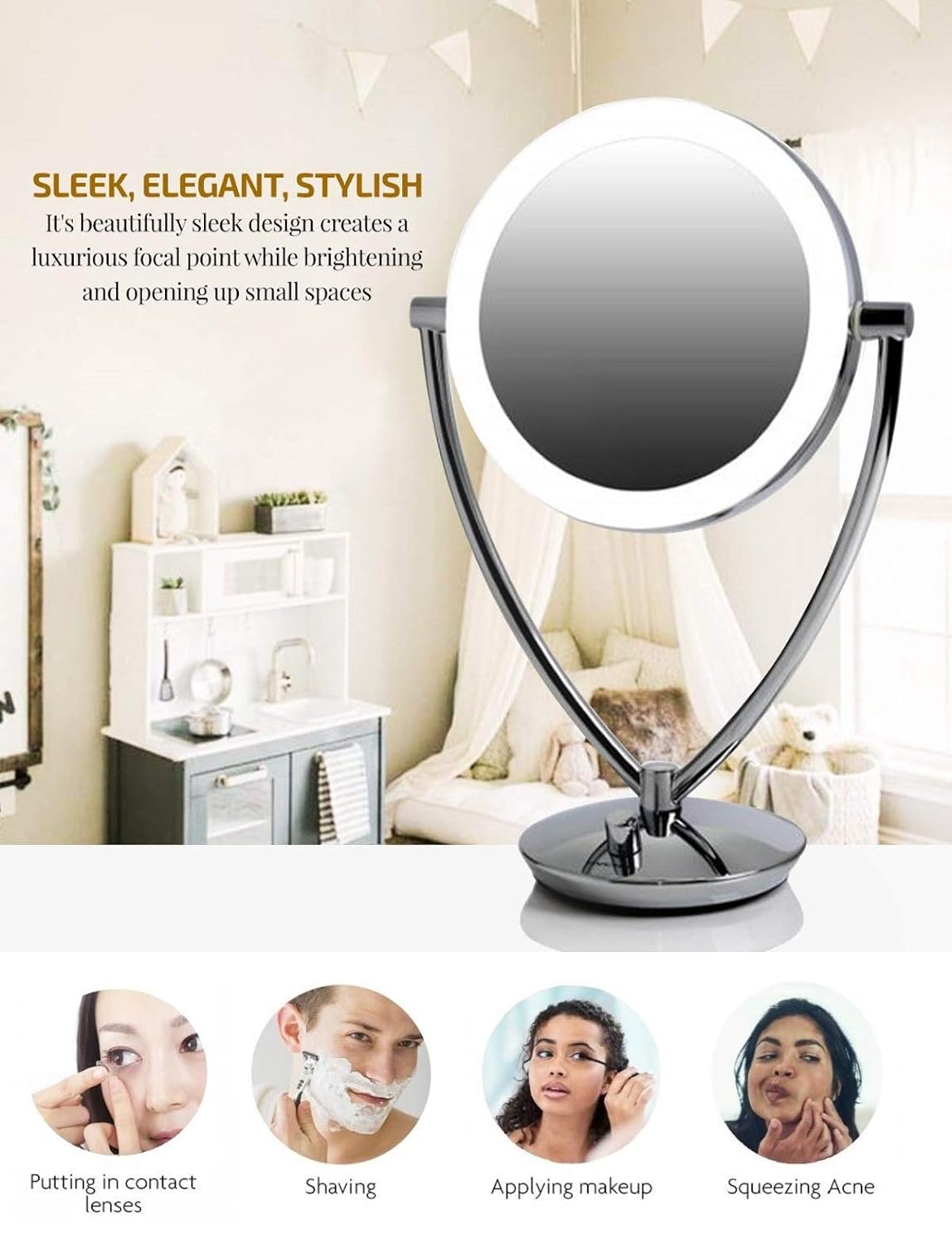 Ovente LED Lighted Makeup Mirror 7.5 Inch Table Top 1X 10X Magnifier Dimmable illuminated Adjustable Circle Chrome MLT75CH1X10X