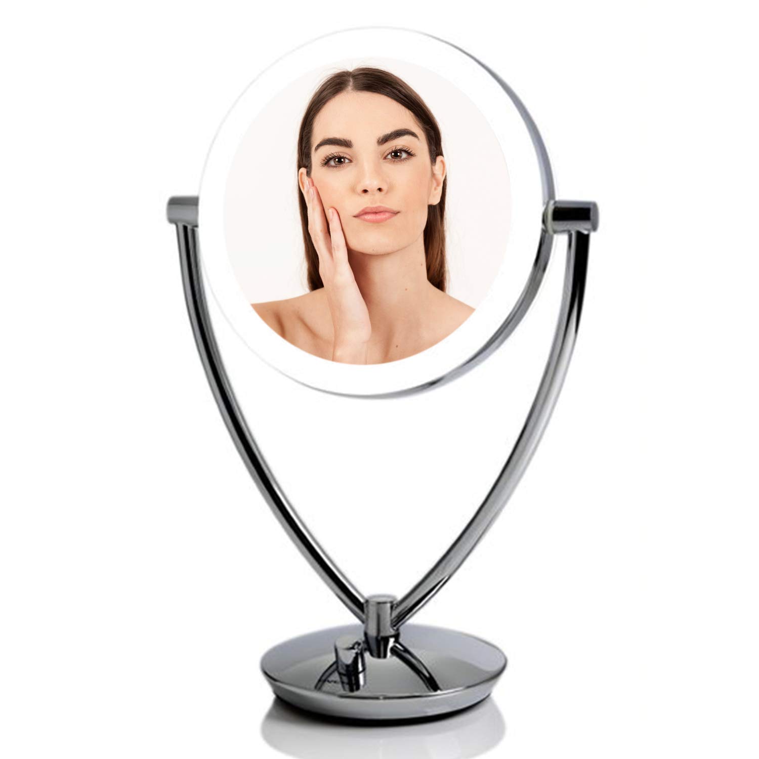 Ovente LED Lighted Makeup Mirror 7.5 Inch Table Top 1X 10X Magnifier Dimmable illuminated Adjustable Circle Chrome MLT75CH1X10X